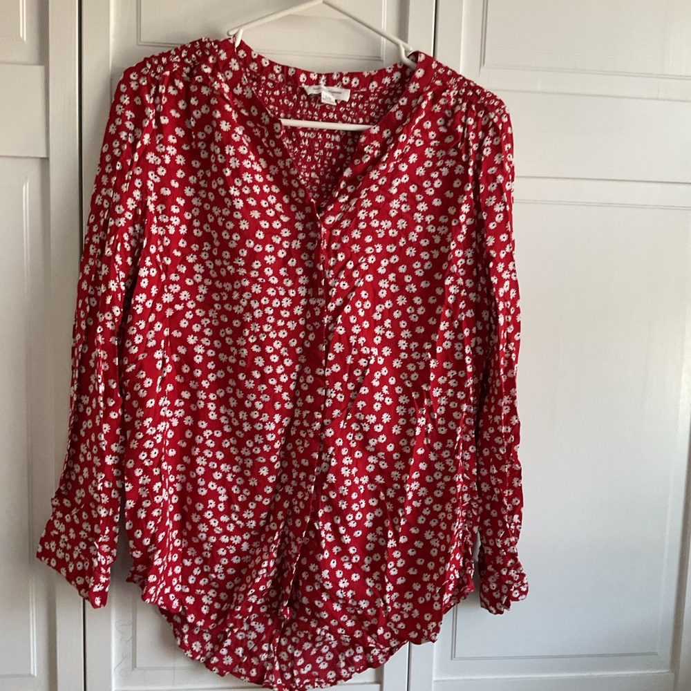 beachlunchlounge Red Floral V-Neck Long Sleeve Blouse